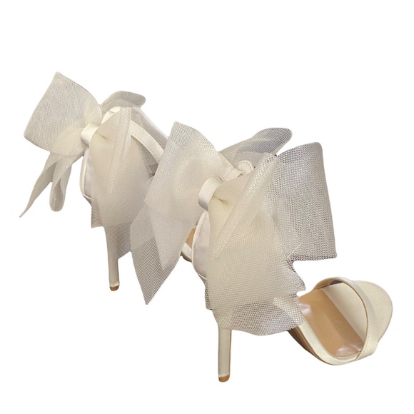 Lulus Ayanna Ivory Satin Bow Ankle Strap High Heel Sandals Size 6.5 - Picture 3 of 16